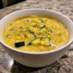 Close-up of a bowl of creamy, yellow zucchini corn chowder topped with corn kernels and black pepper.