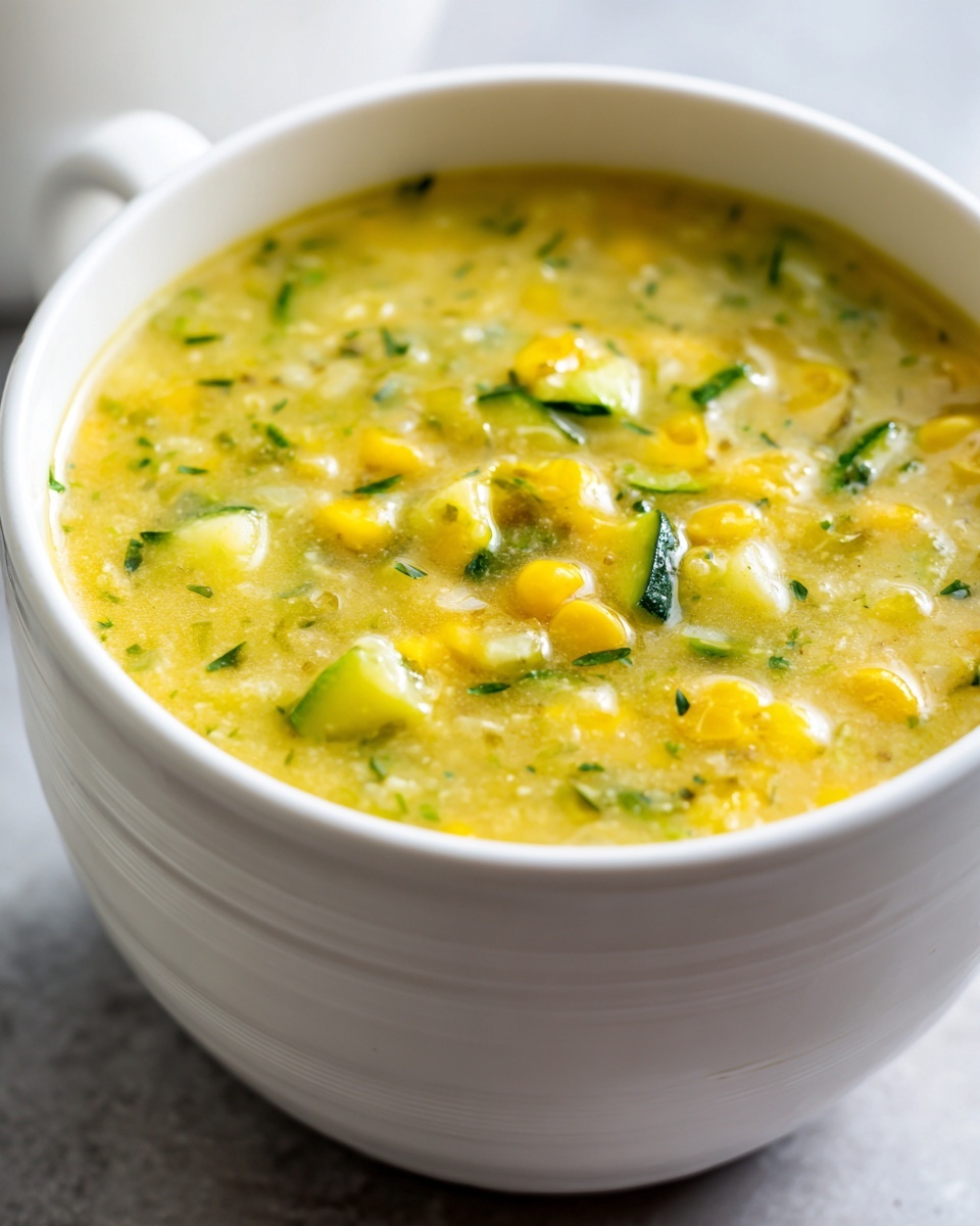Close-up of a creamy, yellow zucchini corn chowder filled with visible corn kernels and diced green zucchini.