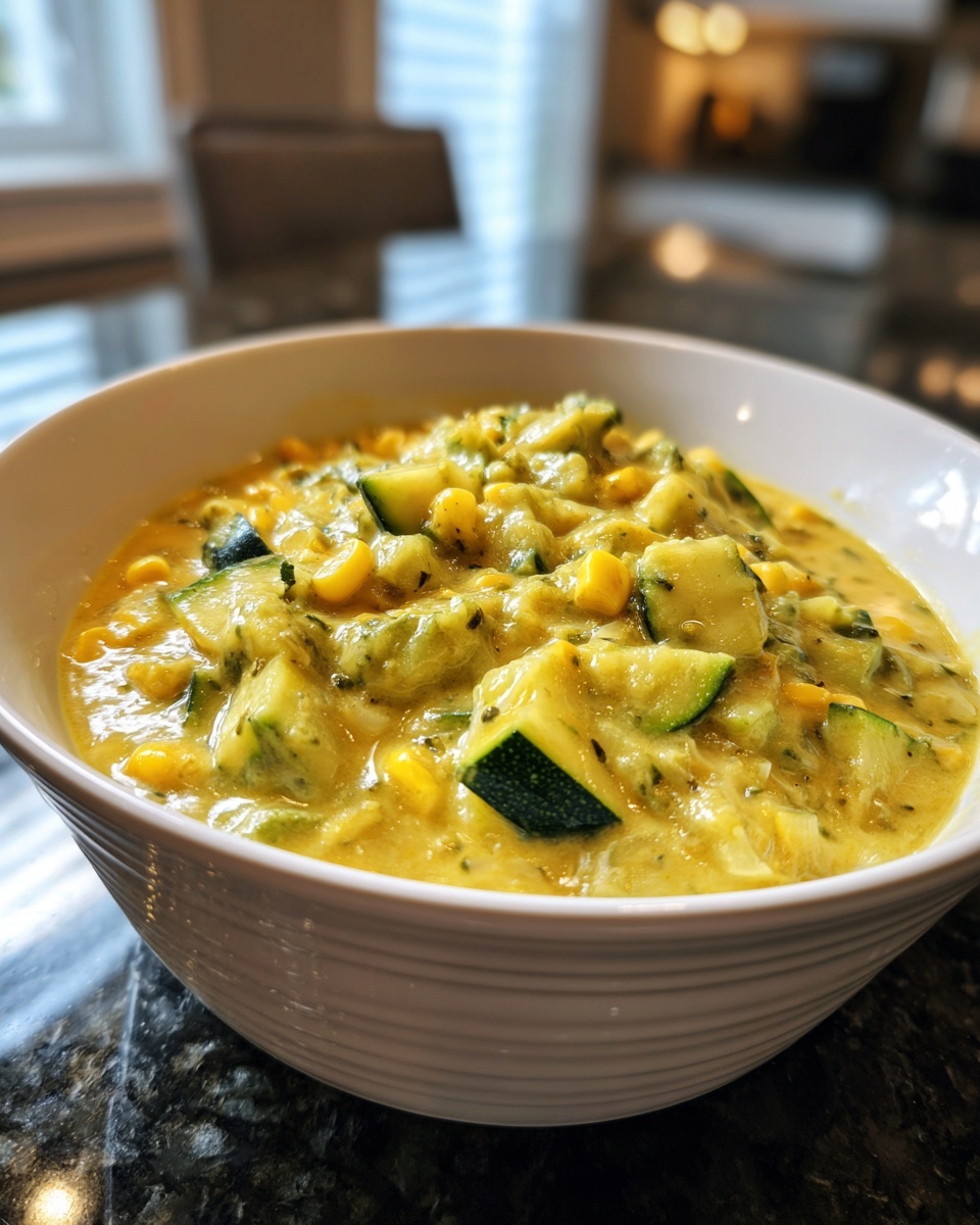 Close-up of a hearty bowl of creamy zucchini corn chowder, featuring chunks of green zucchini and bright yellow corn kernels.
