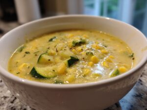Close-up of a bowl of creamy, yellow zucchini corn chowder with visible corn kernels and sliced zucchini.