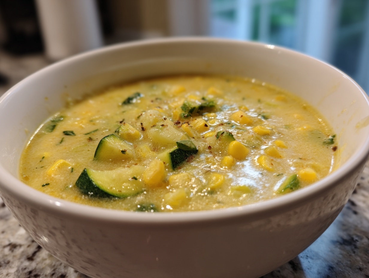 Close-up of a bowl of creamy, yellow zucchini corn chowder with visible corn kernels and sliced zucchini.