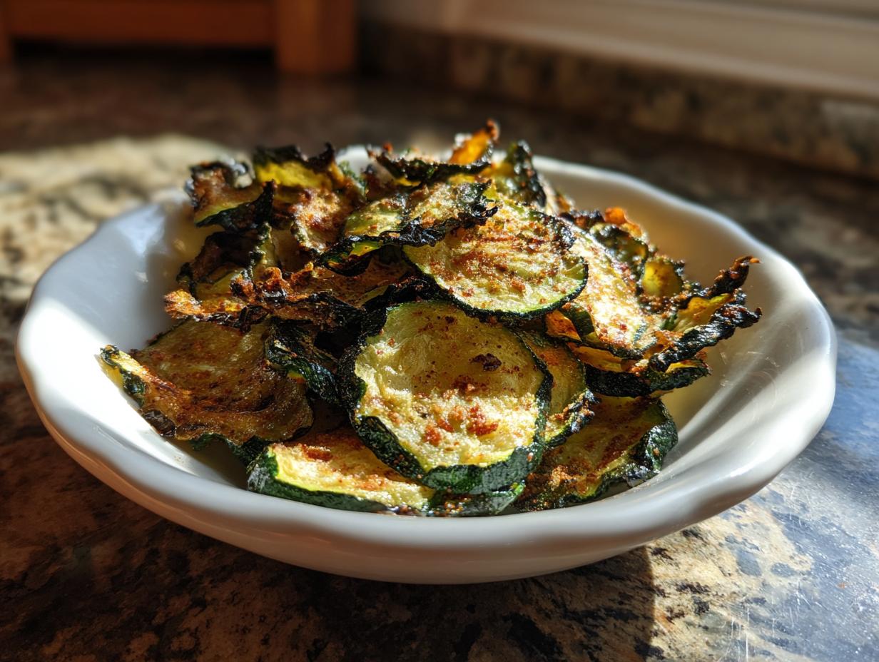 A white bowl filled with crispy, seasoned air fryer zucchini chips, catching the sunlight.
