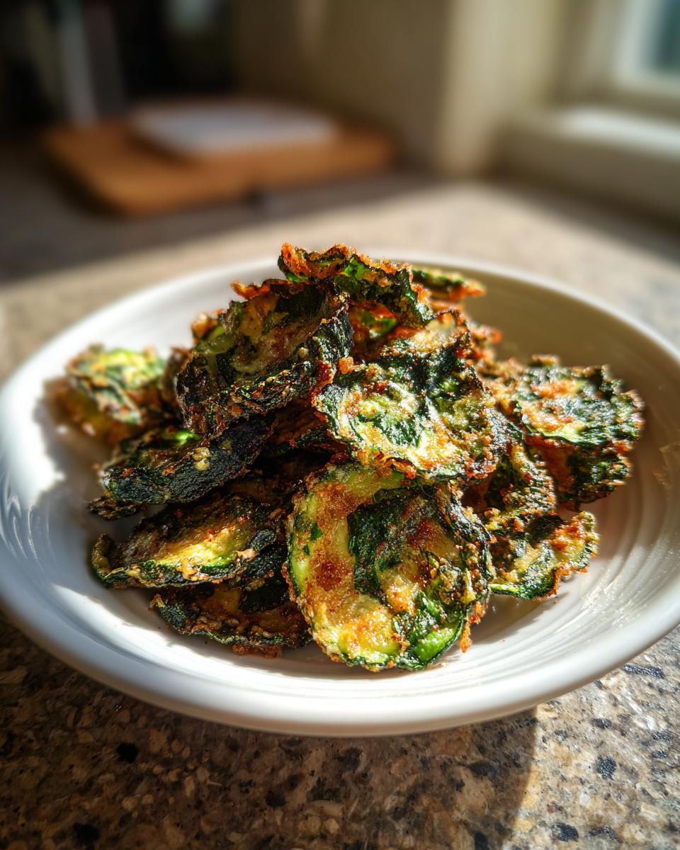 A close-up of crispy, seasoned air fryer zucchini chips piled high in a white bowl.