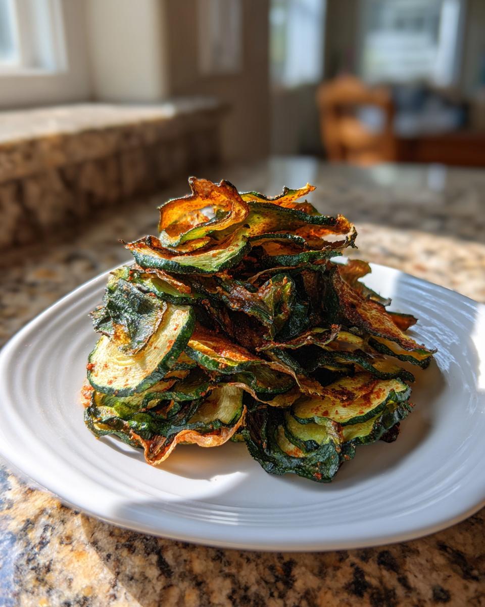A tall stack of crispy, seasoned air fryer zucchini chips piled high on a white plate.