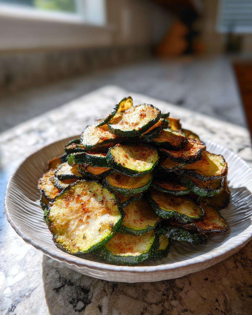 A tall stack of perfectly cooked, seasoned air fryer zucchini chips piled high on a textured white plate.