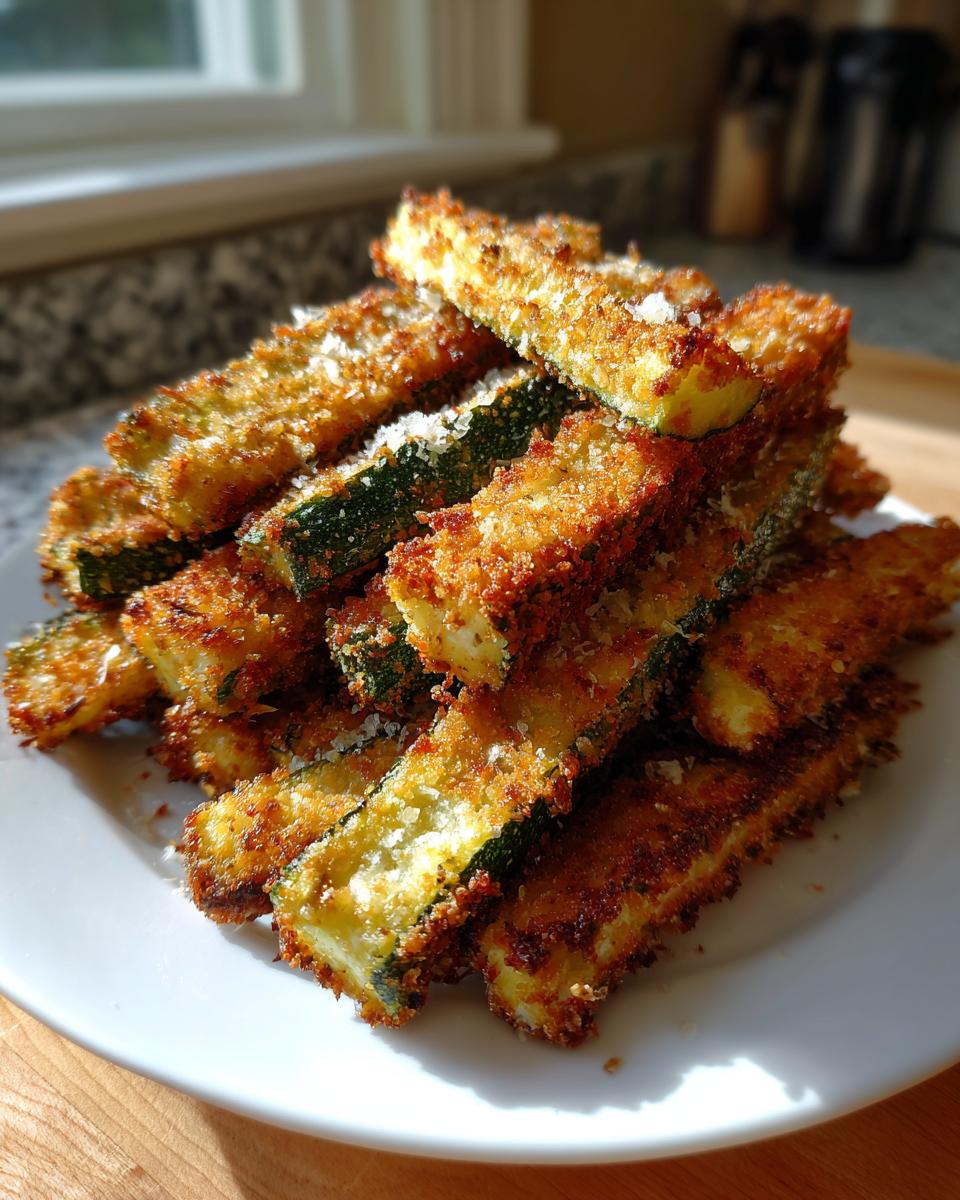 A pile of golden brown, crispy air fryer zucchini with parmesan sticks stacked on a white plate.