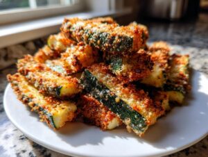 A pile of golden brown, crispy air fryer zucchini with parmesan sticks served on a white plate.