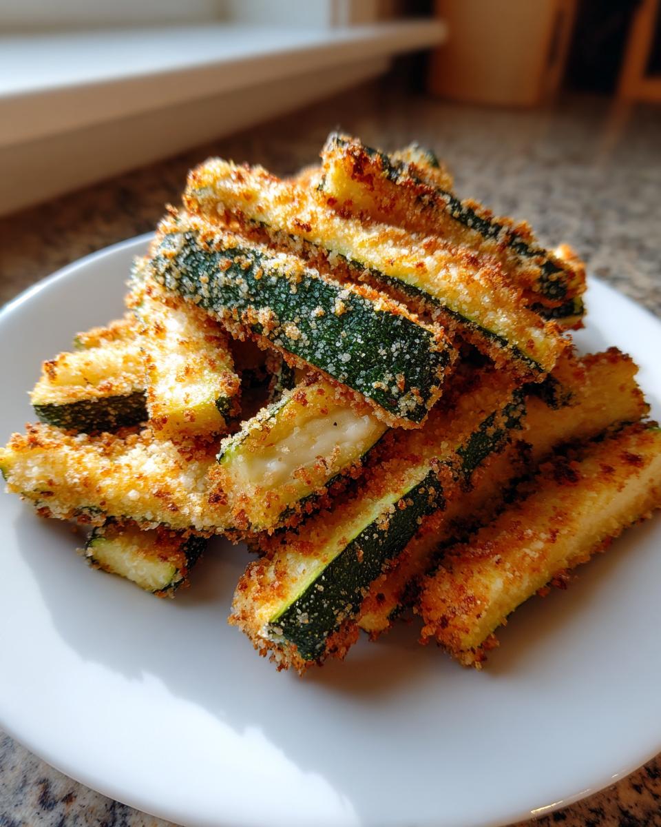 A pile of golden brown, crispy air fryer zucchini with parmesan sticks served on a white plate.