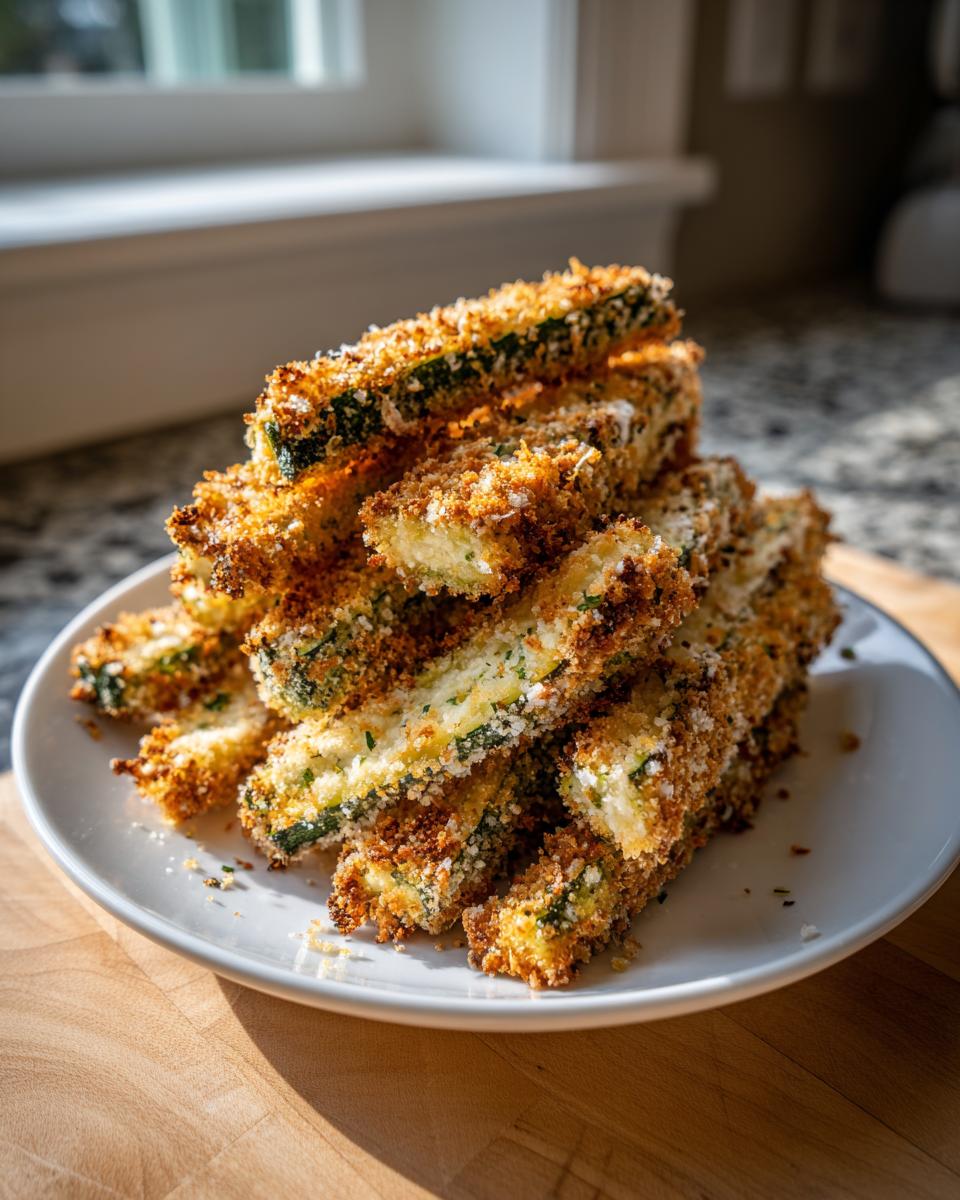 A tall stack of crispy, golden brown air fryer zucchini with parmesan sticks piled high on a white plate.