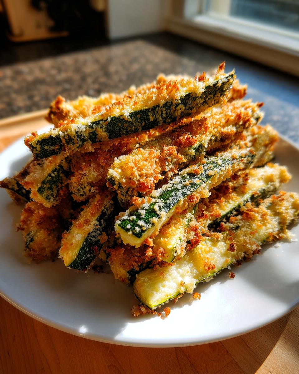 A pile of golden brown, breaded air fryer zucchini with parmesan sticks stacked on a white plate.