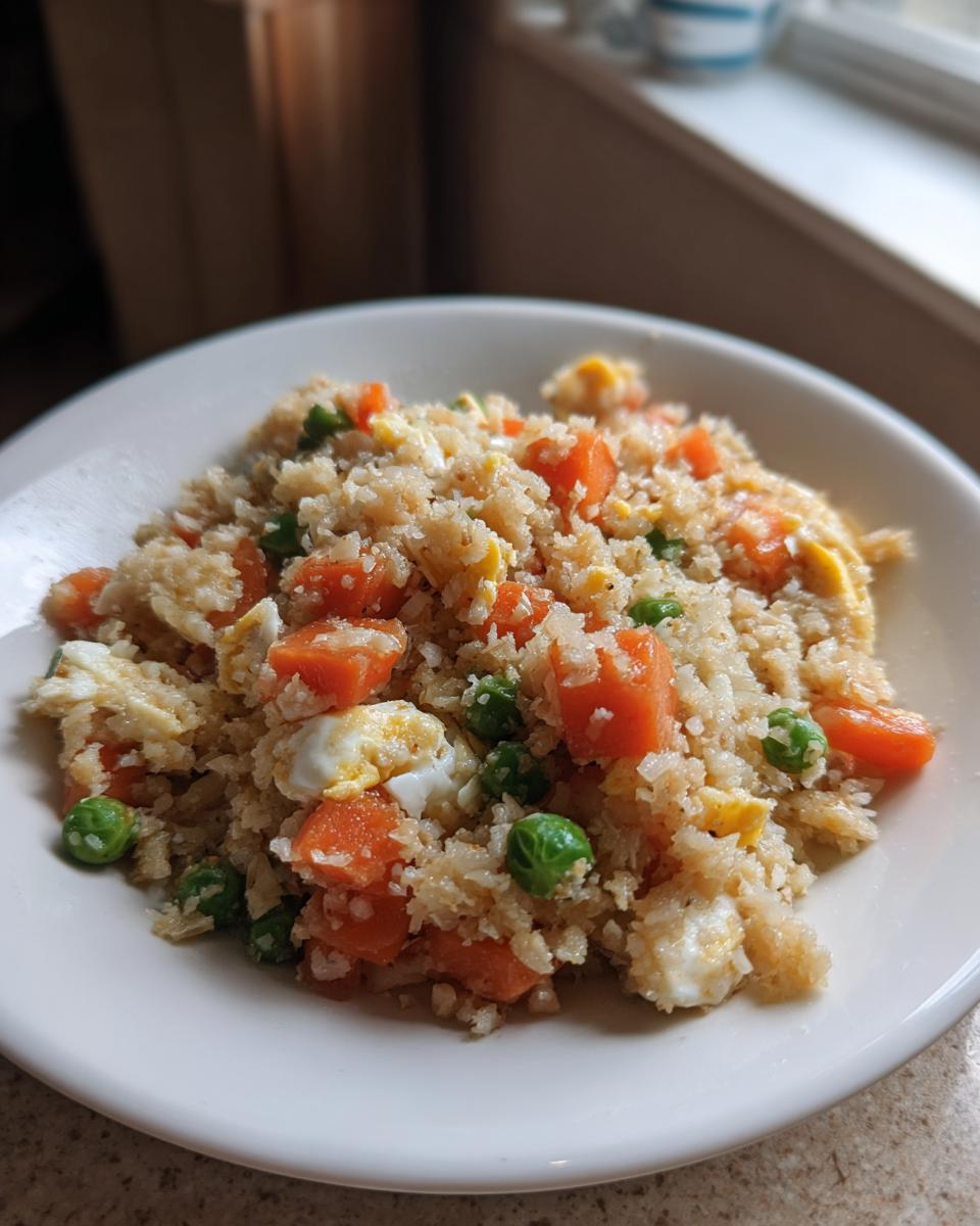 A close-up of a white bowl filled with amazing cauliflower fried rice mixed with bright orange carrots and green peas, and scrambled egg pieces.