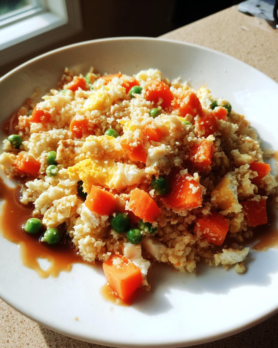 A close-up of a serving of amazing cauliflower fried rice mixed with scrambled egg, bright orange carrots, and green peas, drizzled with sauce.