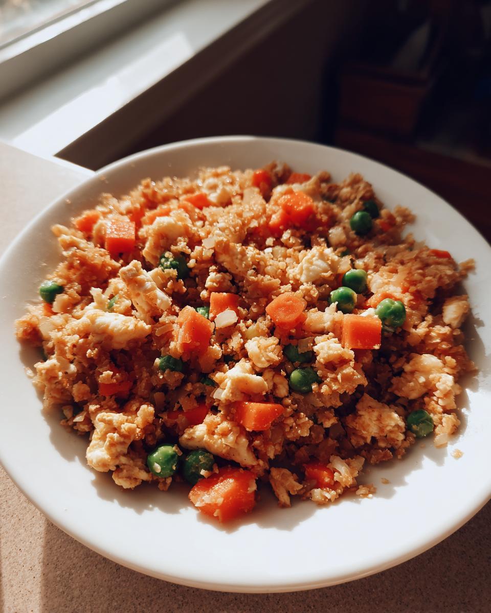A white bowl filled with colorful cauliflower fried rice, featuring scrambled egg, bright orange carrots, and green peas.