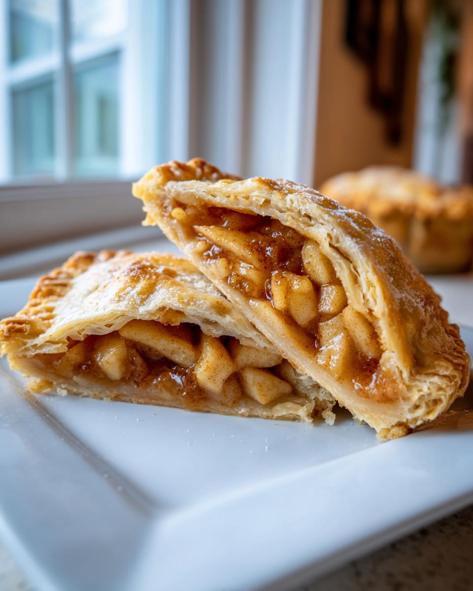 Two halves of an apple galette puff pastry showing flaky crust and cinnamon apple filling.