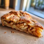 Close-up of a slice of apple galette puff pastry showing flaky crust and cinnamon apple filling.