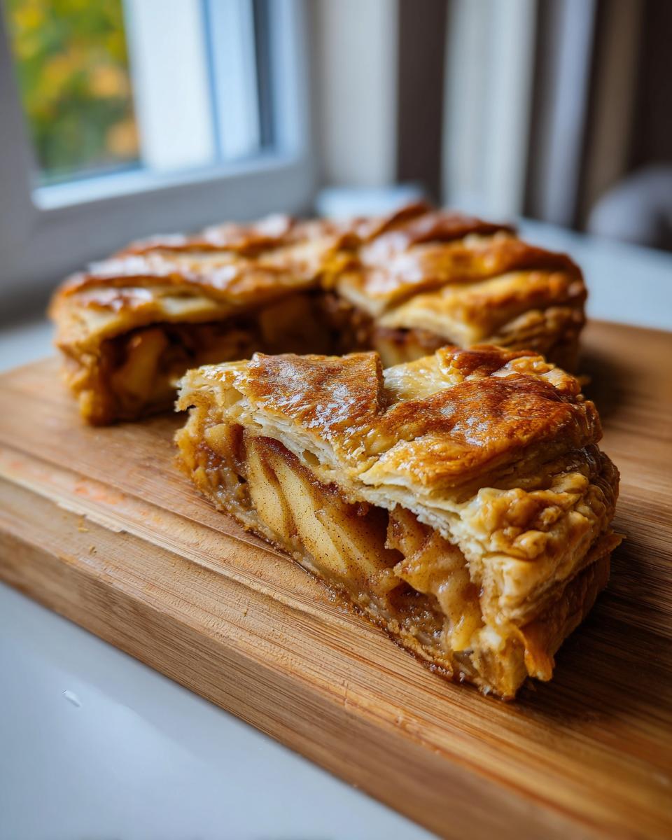 Close-up of a slice of golden brown apple galette puff pastry filled with spiced apples.