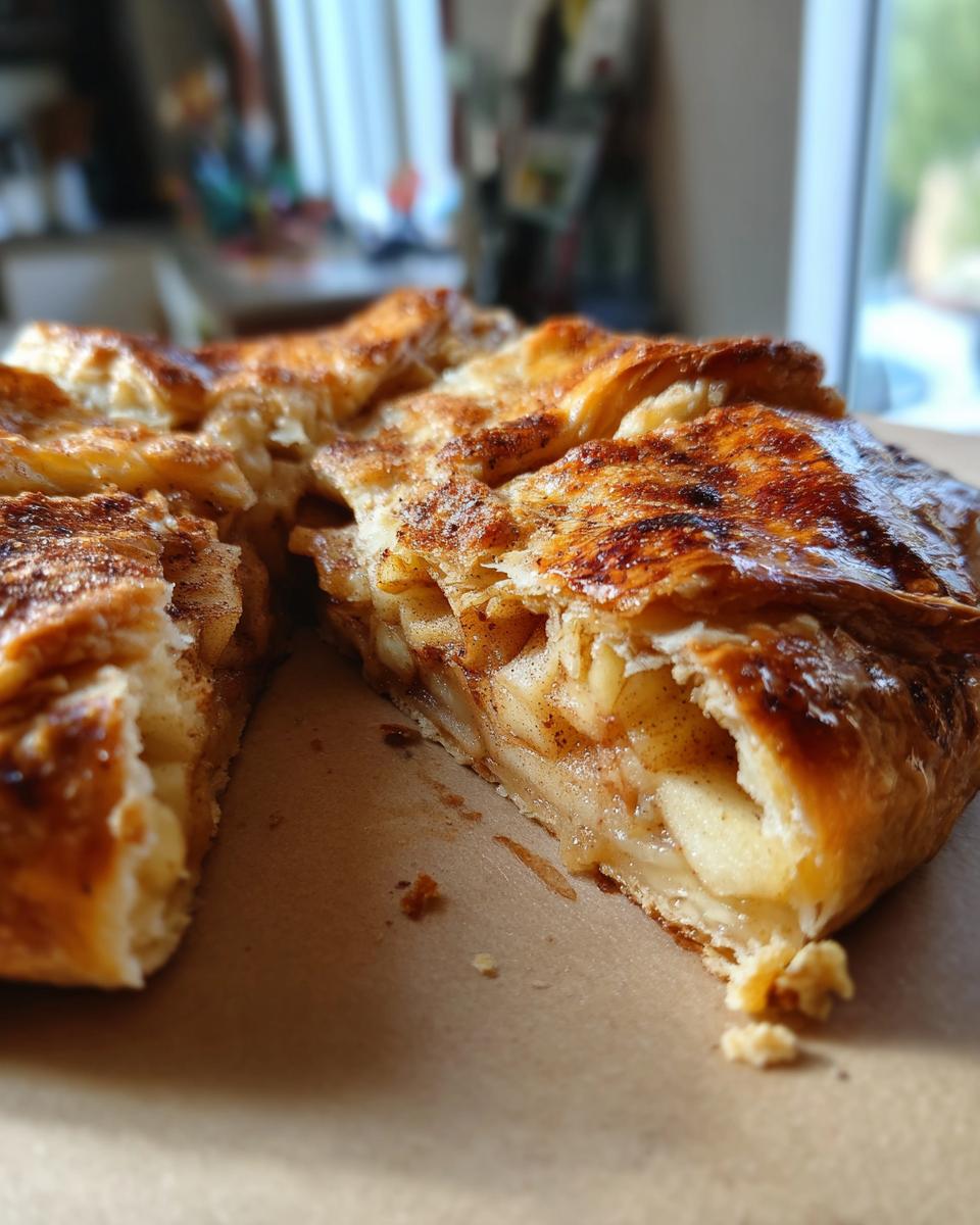 A cross-section view of a freshly baked apple galette puff pastry showing flaky layers and cinnamon-spiced apple filling.