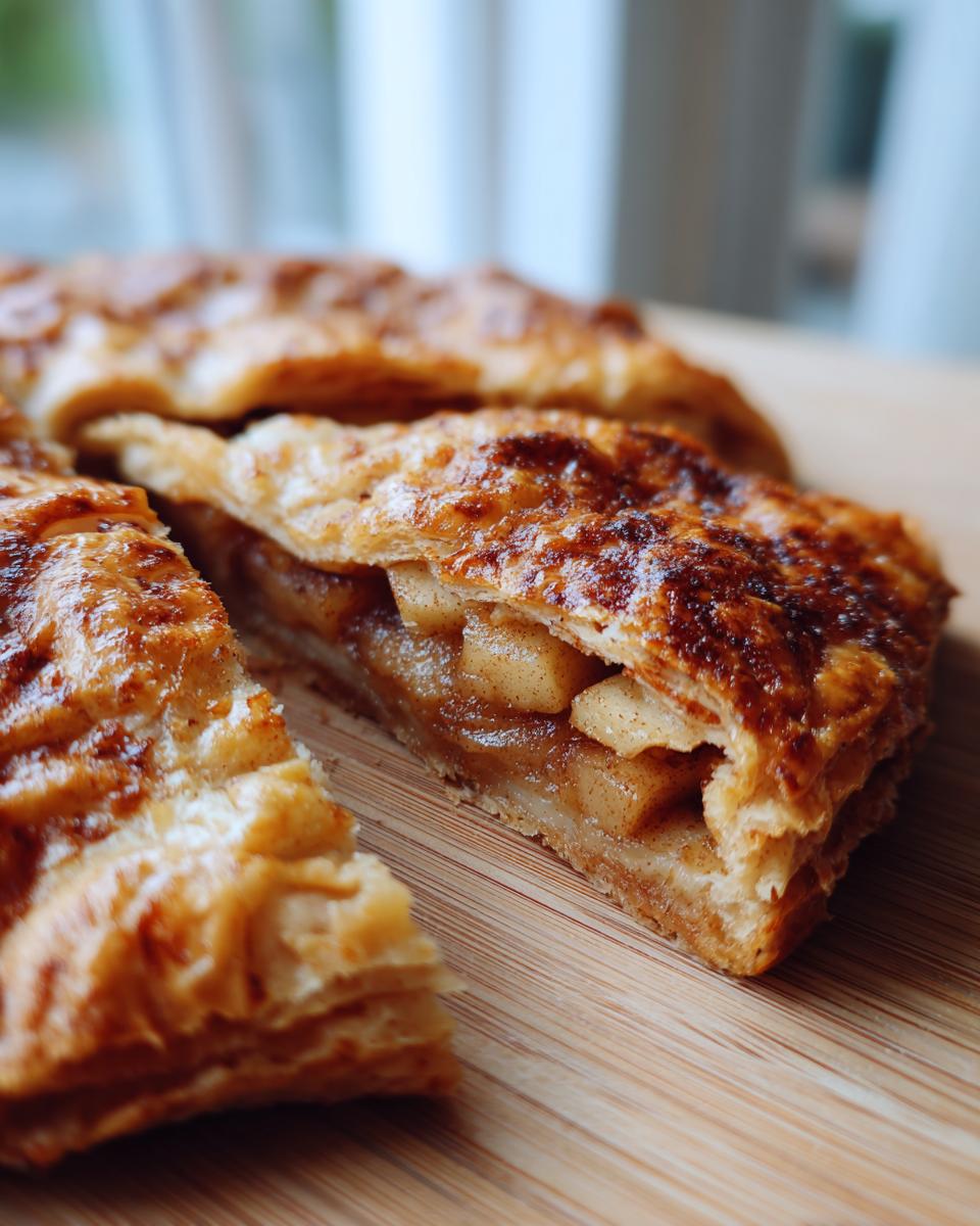 Close-up of a slice of golden brown apple galette puff pastry showing flaky layers and cinnamon apple filling.