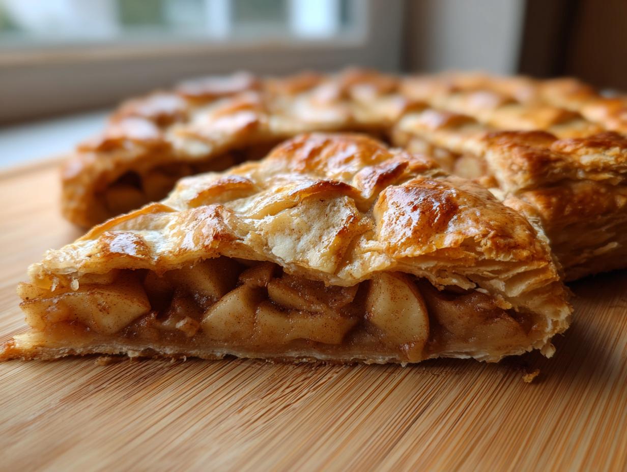 Close-up of a slice of golden brown apple galette puff pastry showing flaky layers and cinnamon apple filling.