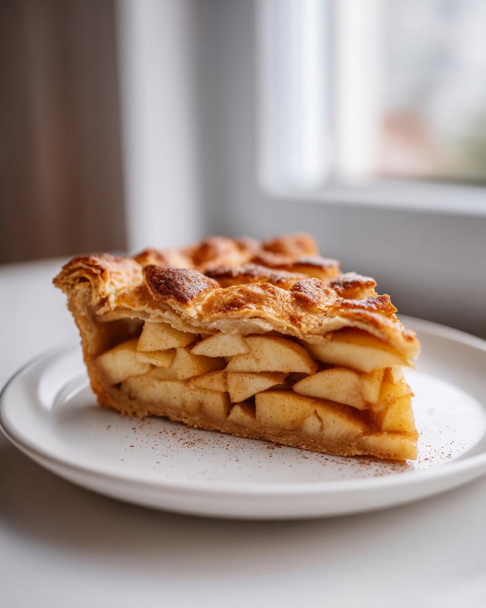 A close-up of a thick slice of apple galette showing layered, flaky crust and abundant cinnamon-dusted apple filling.