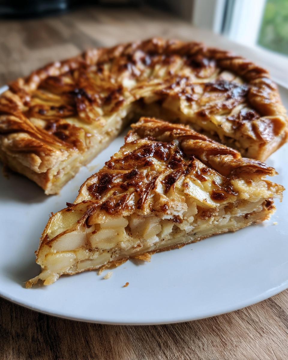 A close-up of a slice cut from a golden-brown brie and apple galette, showing layered apples and melted brie.