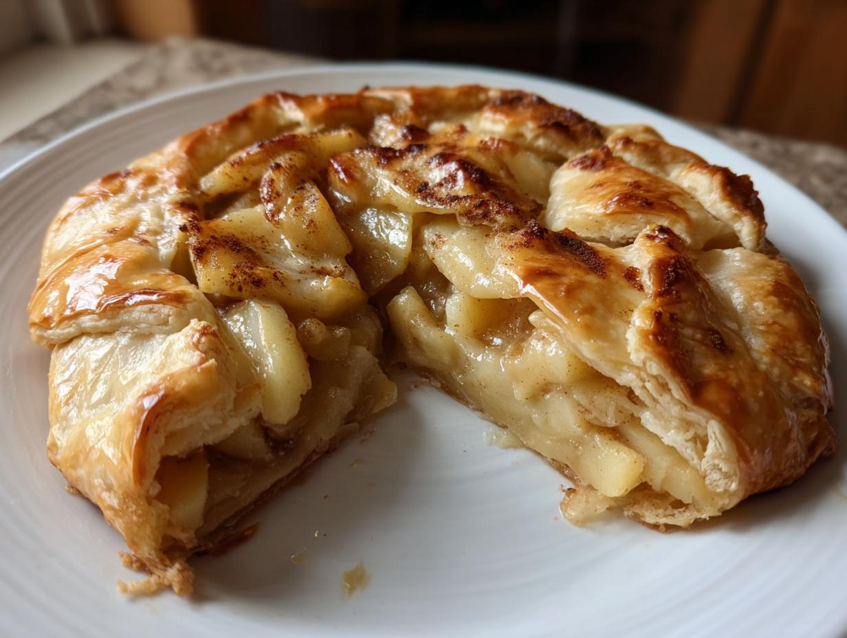 A close-up of a slice taken from a golden brown brie and apple galette, showing flaky pastry and caramelized apple filling.