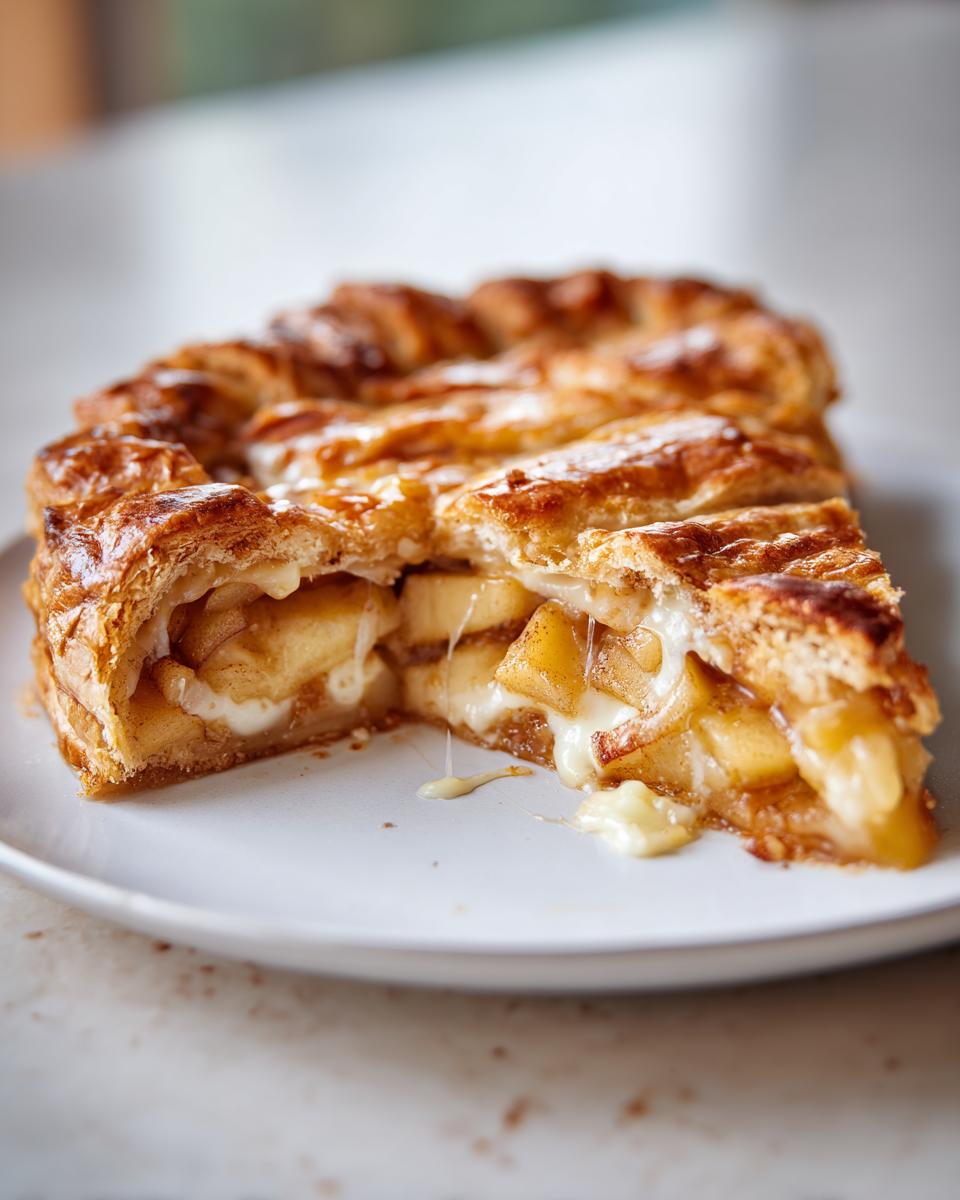 Close-up of a slice of brie and apple galette showing gooey melted brie cheese stretching between spiced apple filling.