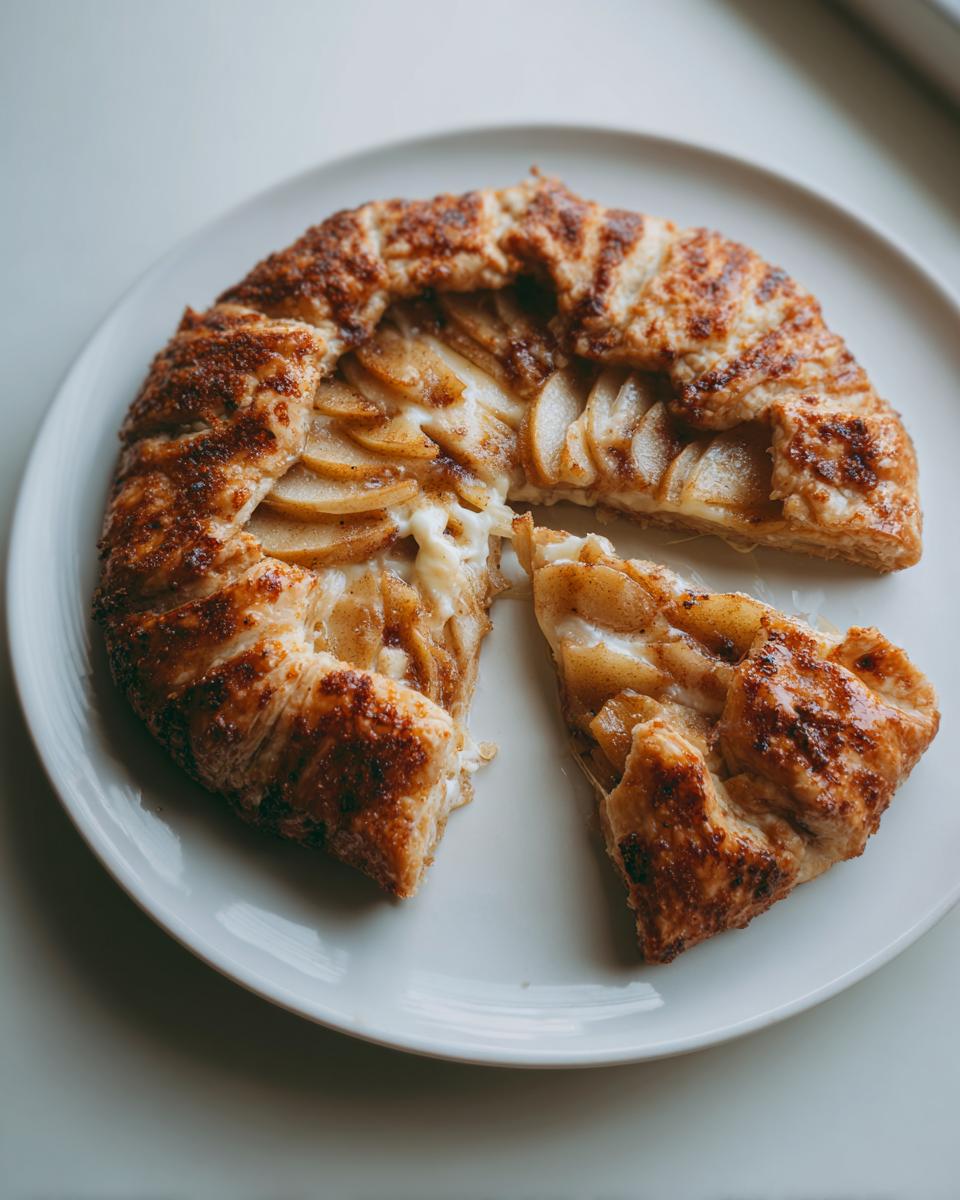 A rustic brie and apple galette, sliced open on a white plate, showing melted brie and baked apple slices.