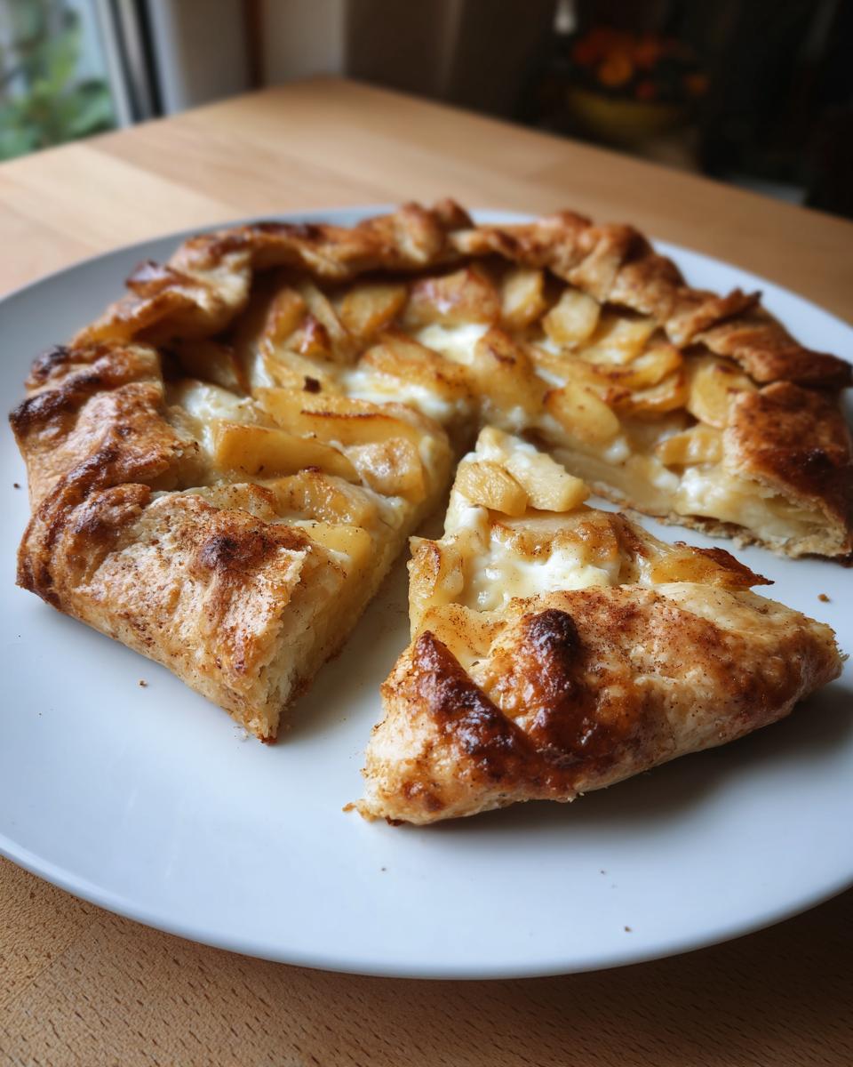 A freshly baked brie and apple galette, sliced on a white plate, showing flaky pastry and melted cheese.