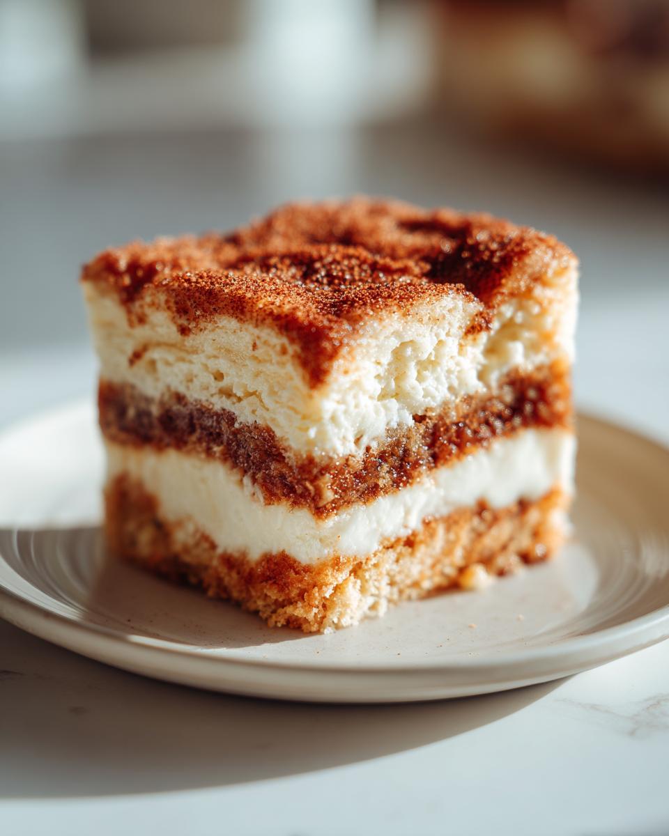 A square slice of brown butter cream cheese snickerdoodle cobbler showing layers of cake, cream cheese filling, and cinnamon topping.