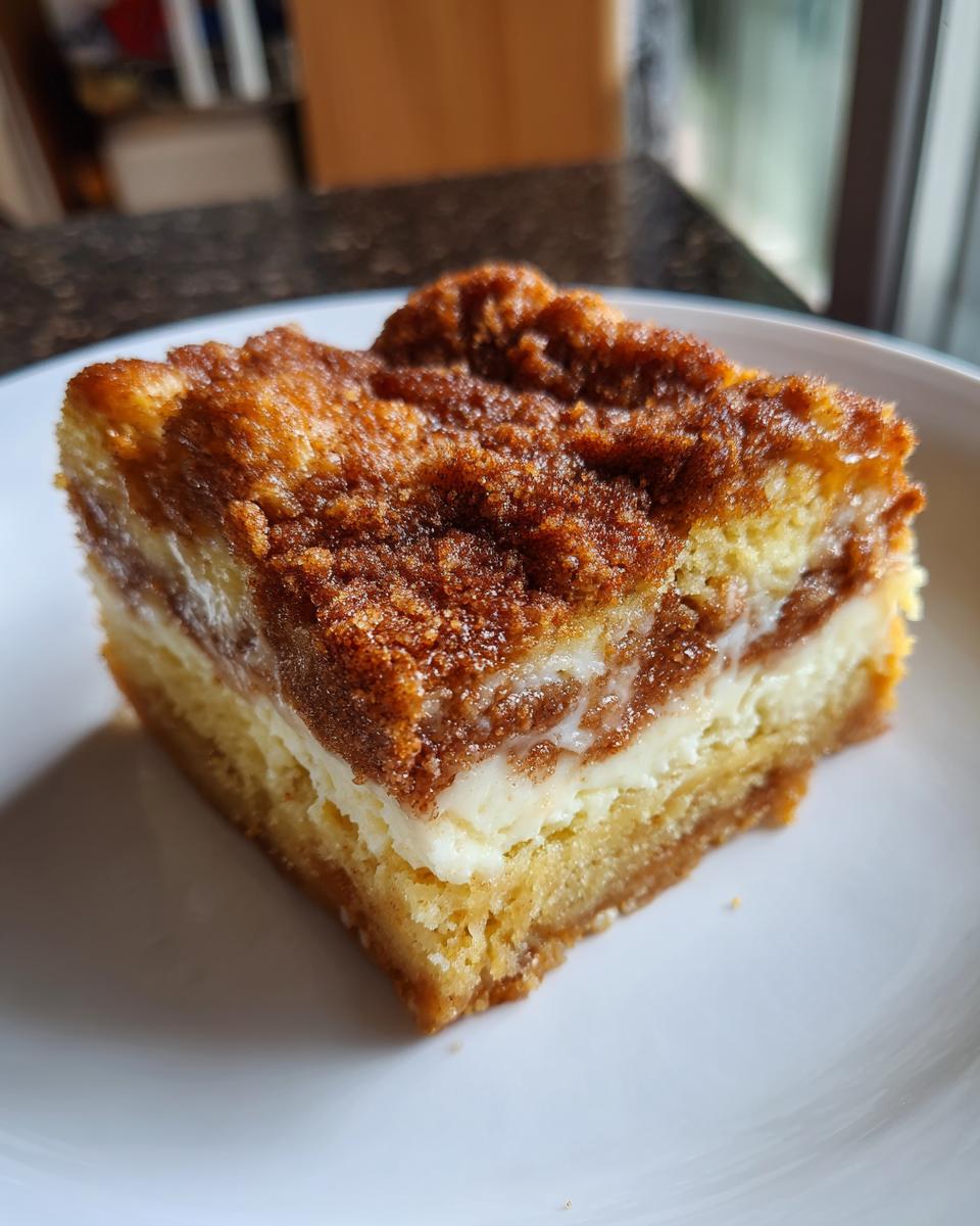 Close-up of a square slice of brown butter cream cheese snickerdoodle cobbler showing distinct layers.