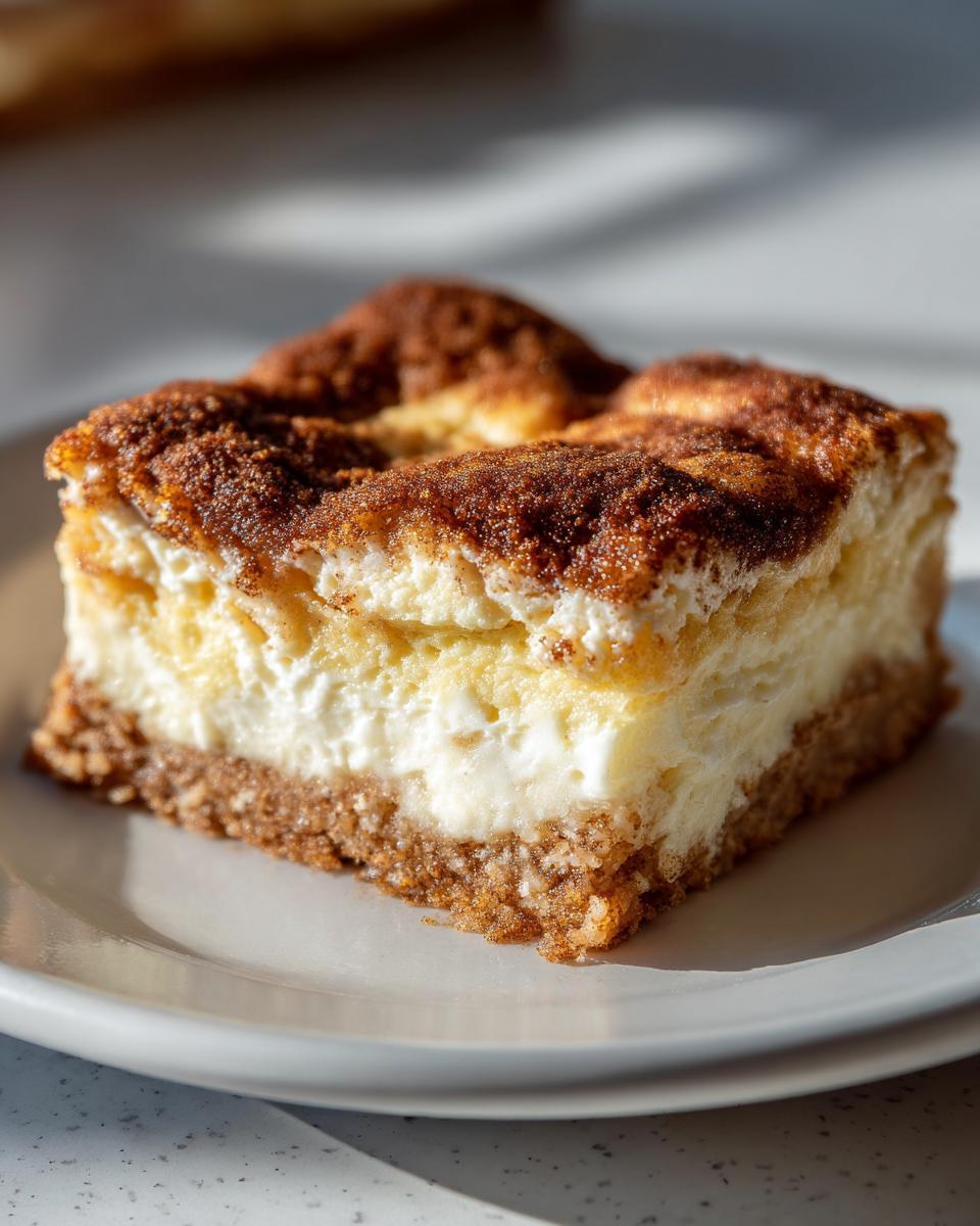 A close-up of a thick slice of brown butter cream cheese snickerdoodle cobbler with a thick crust and cinnamon topping.