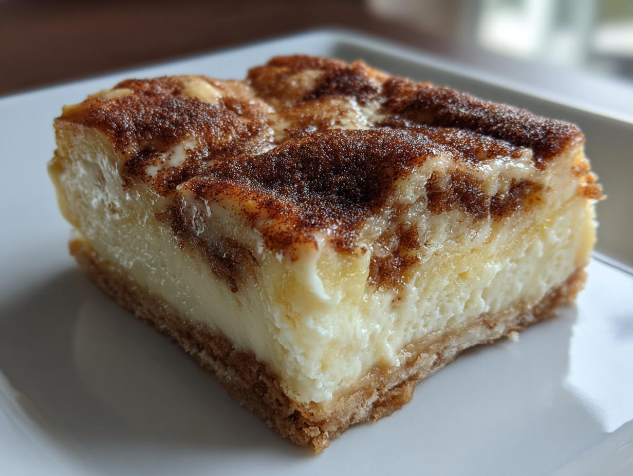 Close-up of a square slice of brown butter cream cheese snickerdoodle cobbler on a white plate.