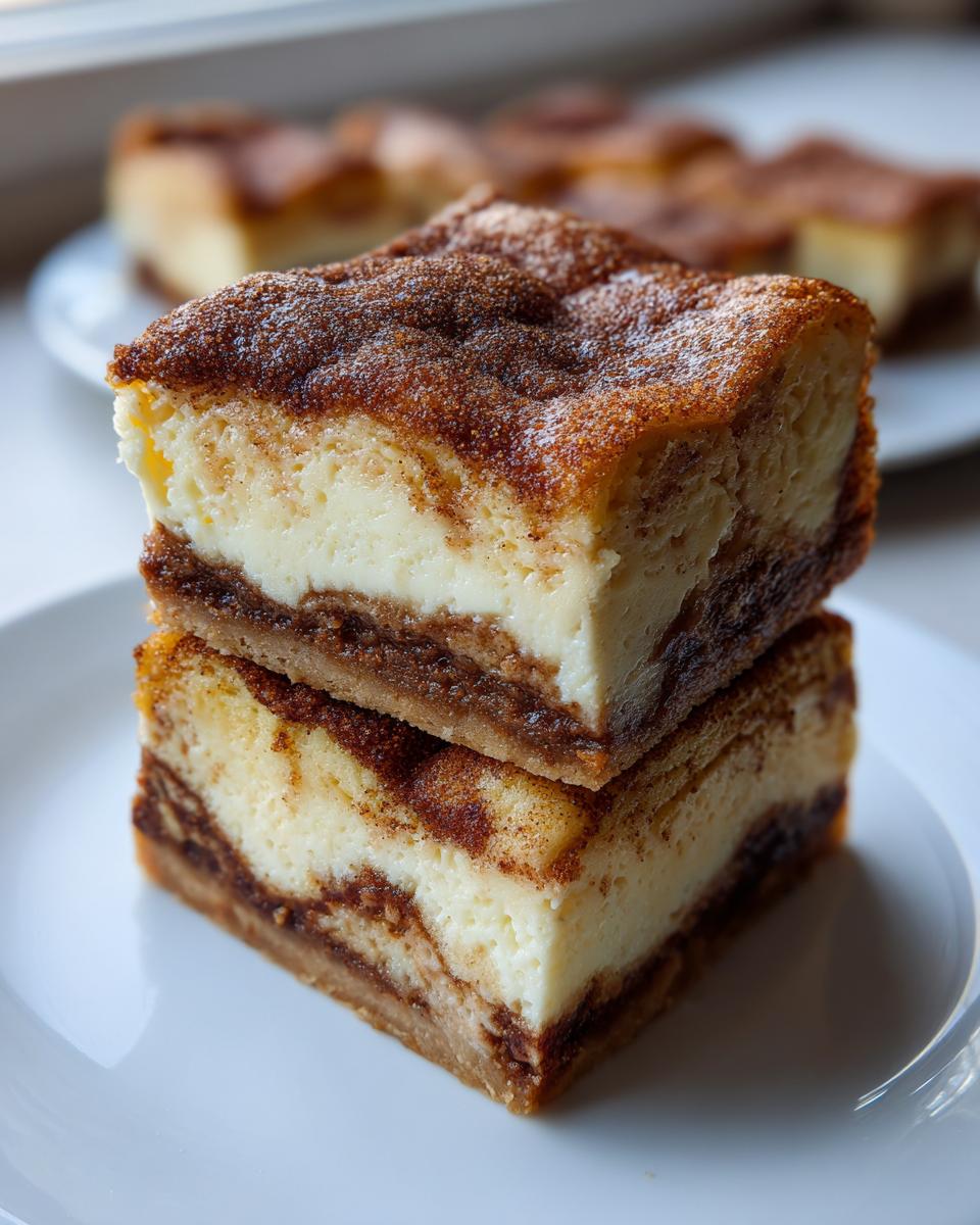 Two squares of rich brown butter cream cheese snickerdoodle cobbler stacked on a white plate, showing cinnamon swirl.