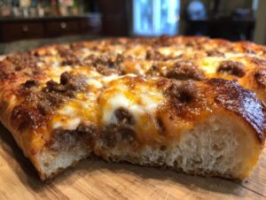Close-up of a slice showing the thick, fluffy interior of the carnivore pizza crust topped with melted cheese and ground meat.