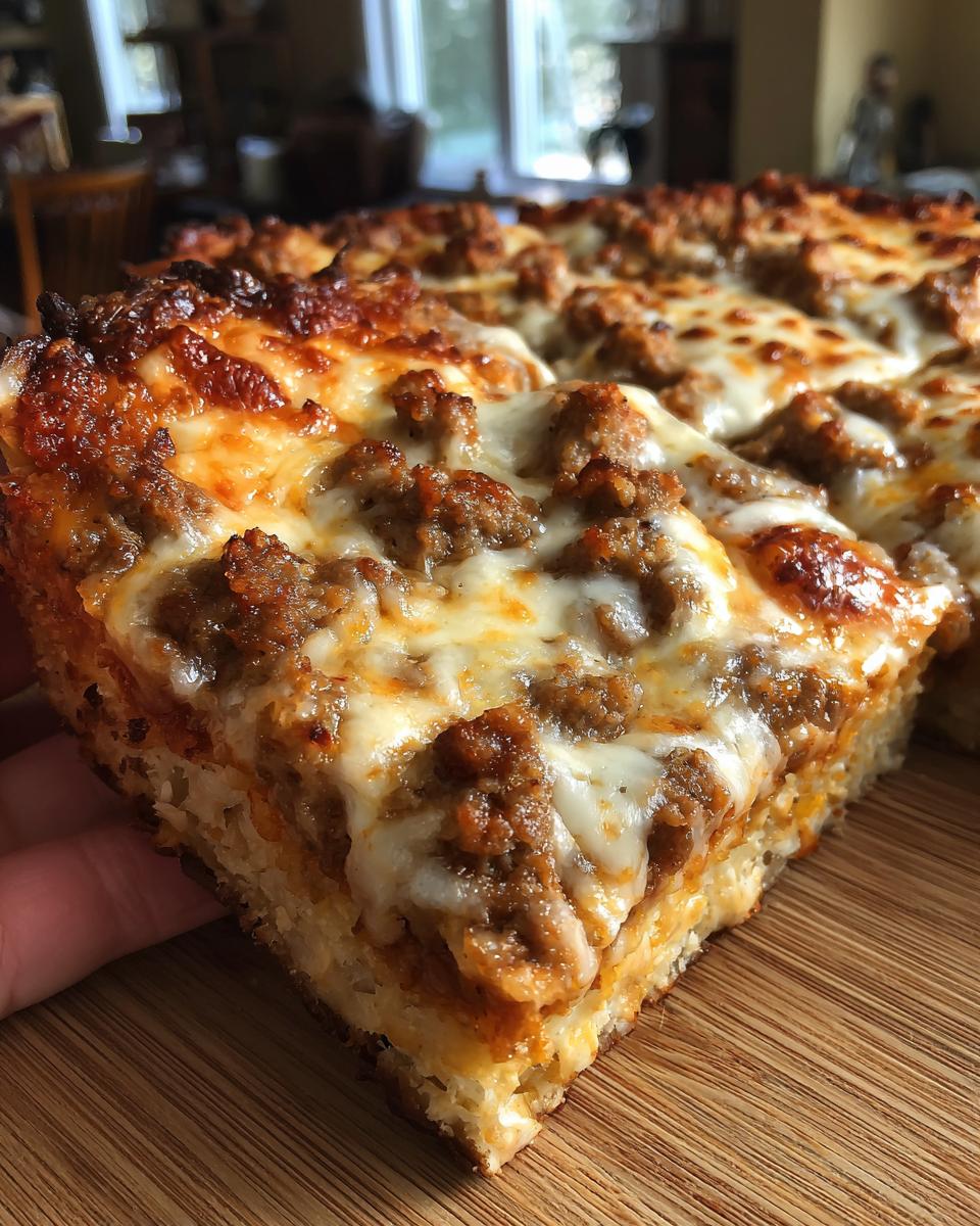 A hand holds up a thick slice of pizza made with carnivore pizza crust, topped with browned sausage and melted cheese.