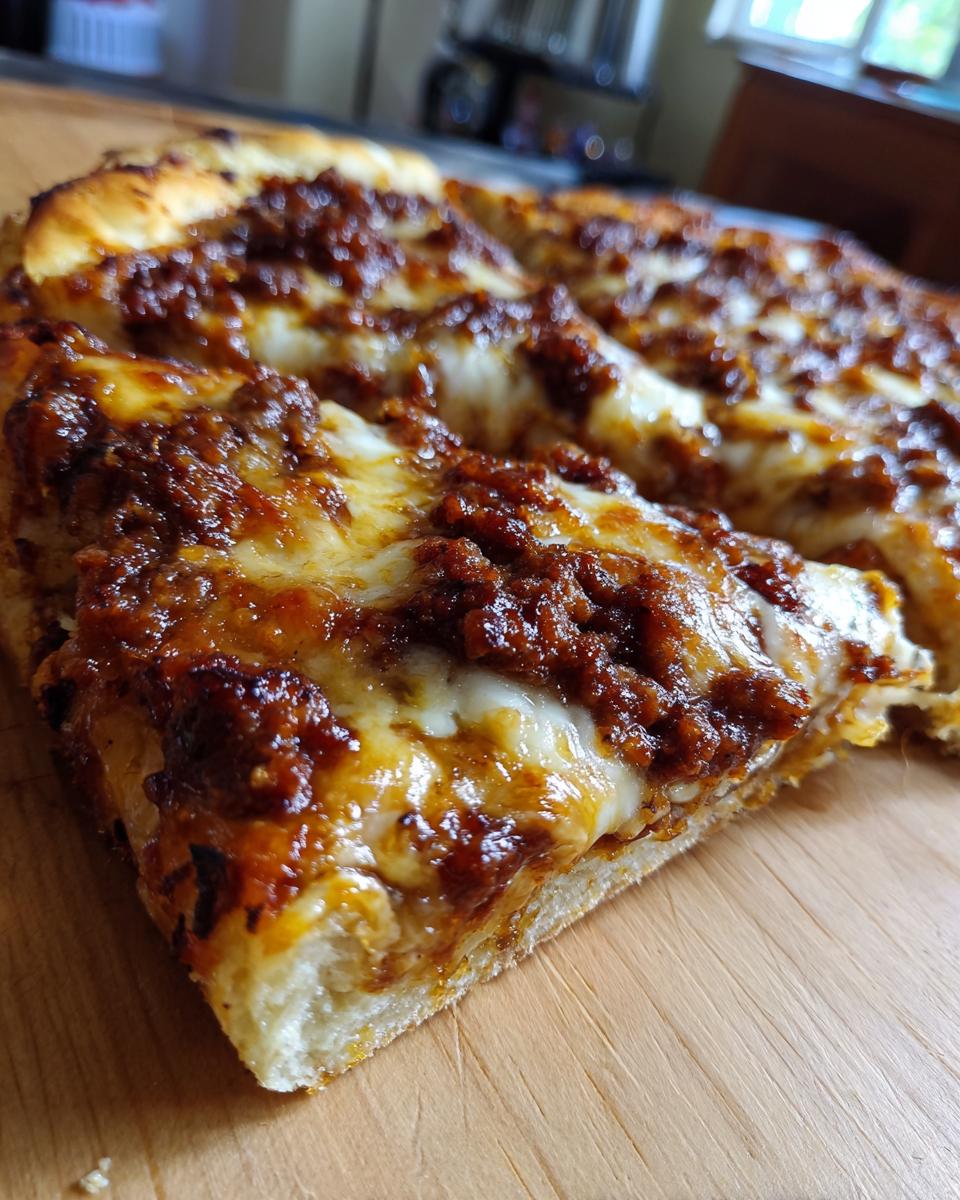 A close-up slice of pizza showing a thick, fluffy carnivore pizza crust topped with melted cheese and rich meat sauce.