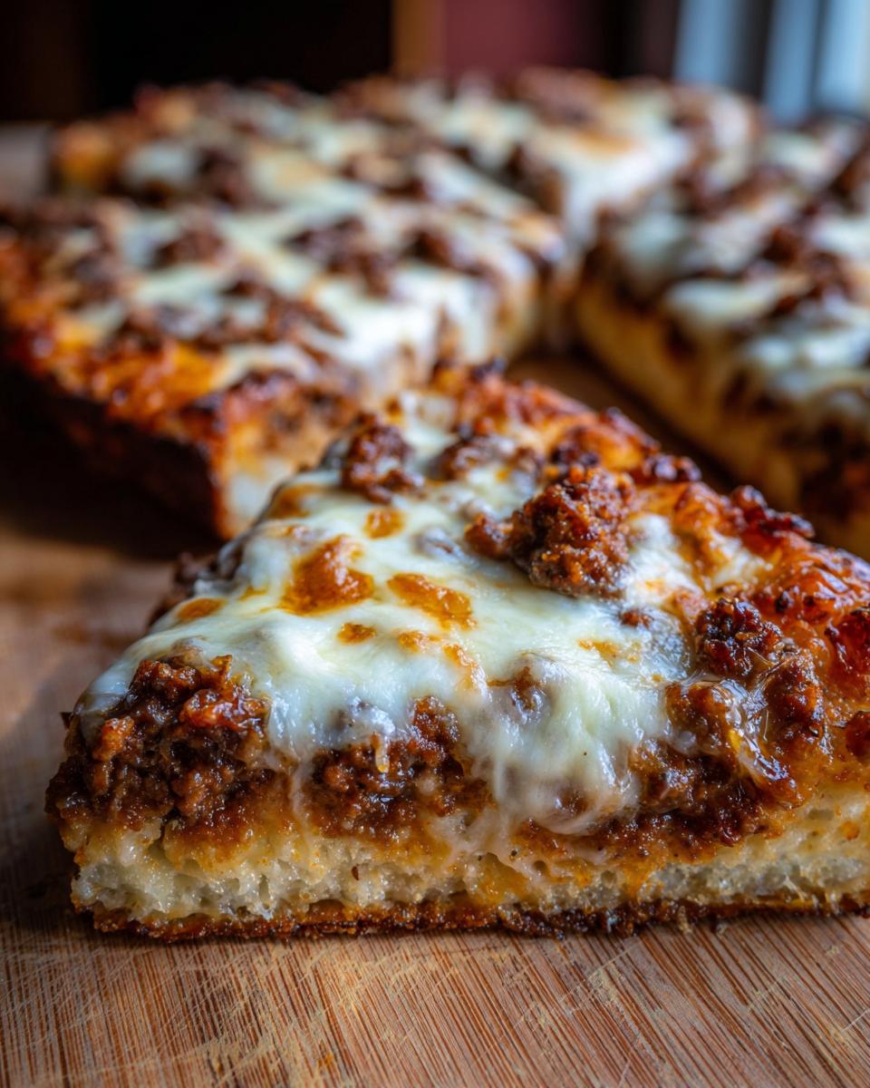 Close-up of a slice of pizza made with carnivore pizza crust, topped generously with ground meat and melted mozzarella cheese.