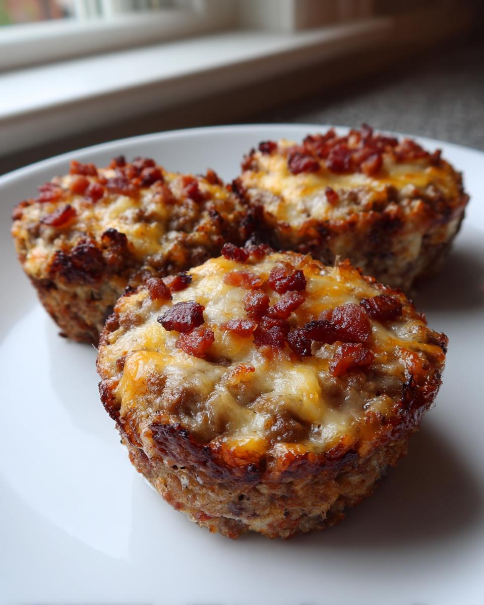 Close-up of three savory carnivore pizza muffins topped with melted cheese and crispy bacon bits on a white plate.