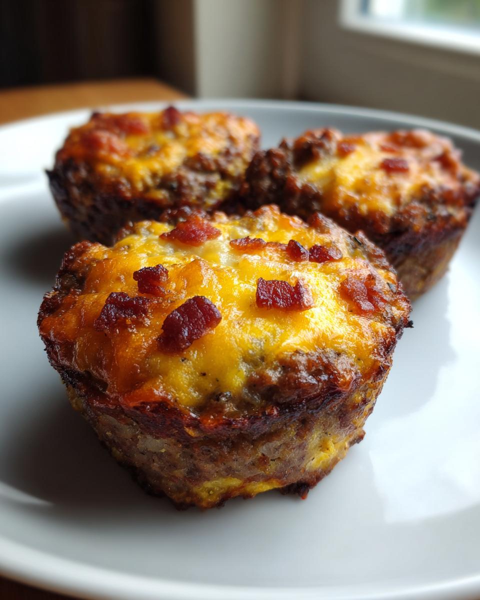 Three freshly baked carnivore pizza muffins topped with melted cheddar cheese and crispy bacon bits on a white plate.