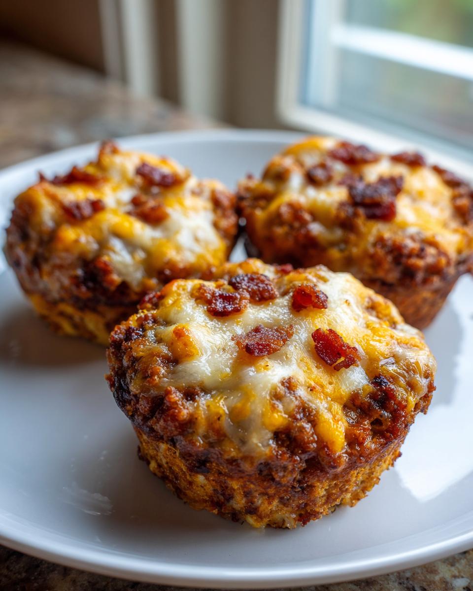 Three freshly baked carnivore pizza muffins topped with melted cheese and crispy bacon pieces on a white plate.