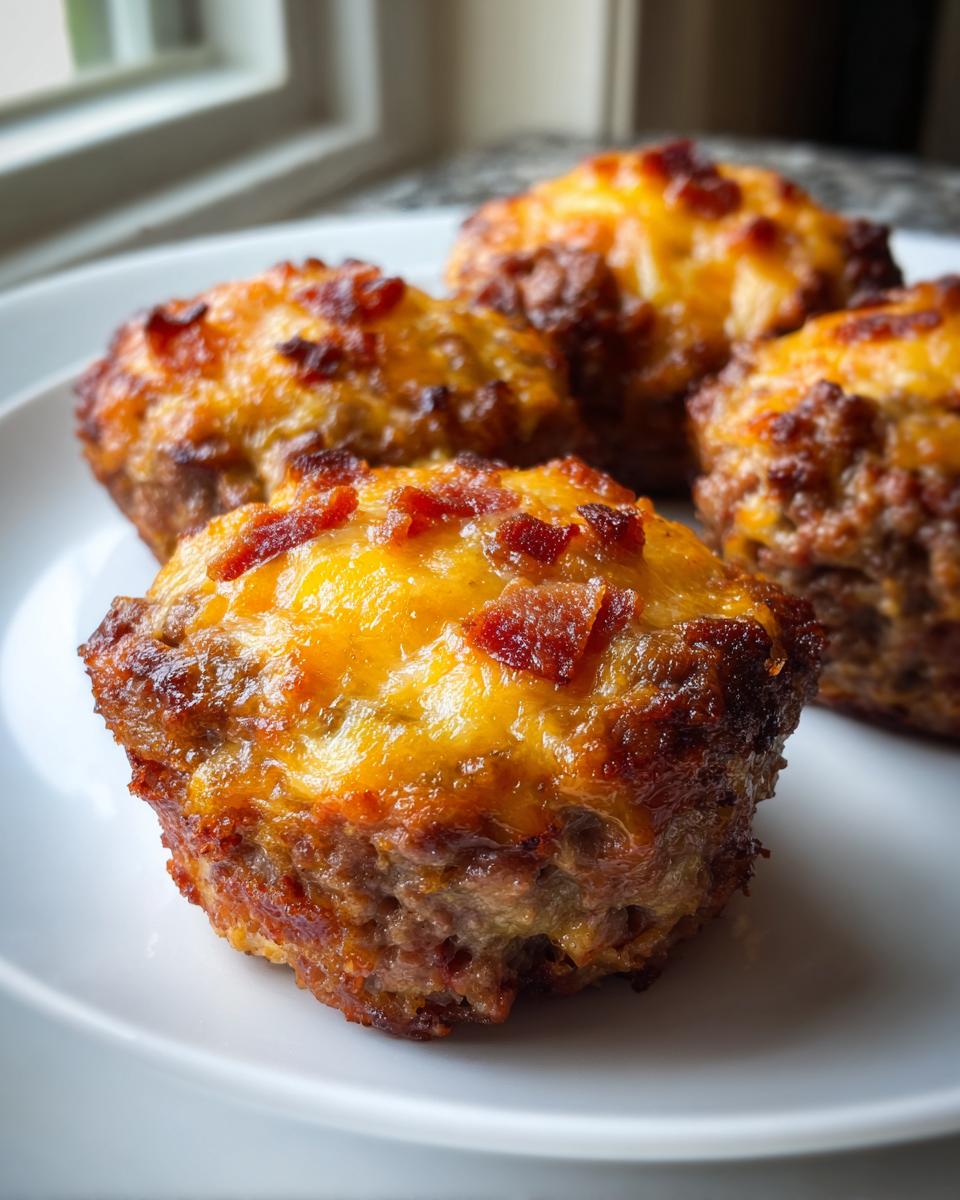 Four baked carnivore pizza muffins topped with melted orange cheese and bacon bits, resting on a white plate.