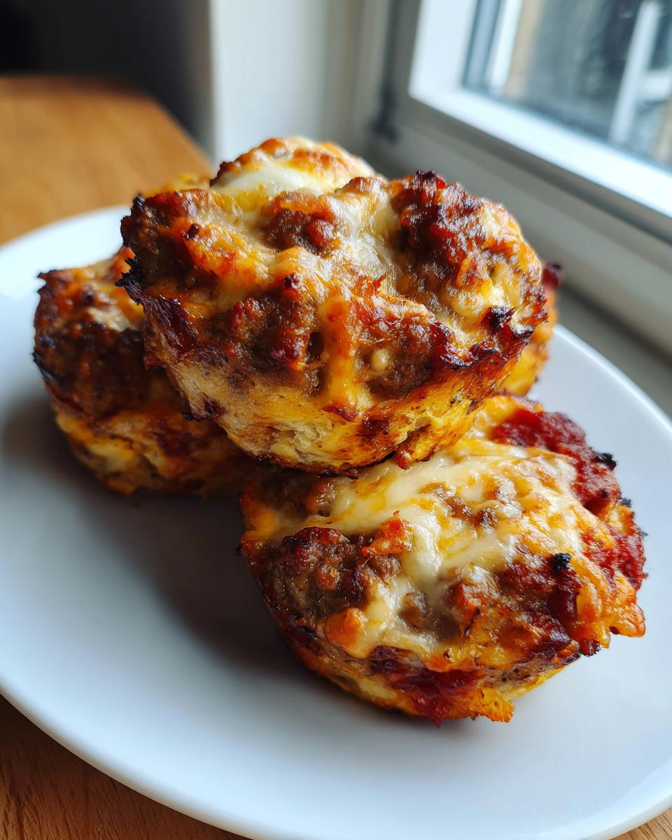 Three baked carnivore pizza muffins stacked on a white plate, topped with browned meat and melted cheese.