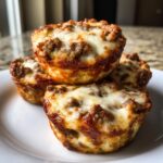 Close-up of three baked carnivore pizza muffins stacked on a white plate, topped with browned meat and melted mozzarella cheese.