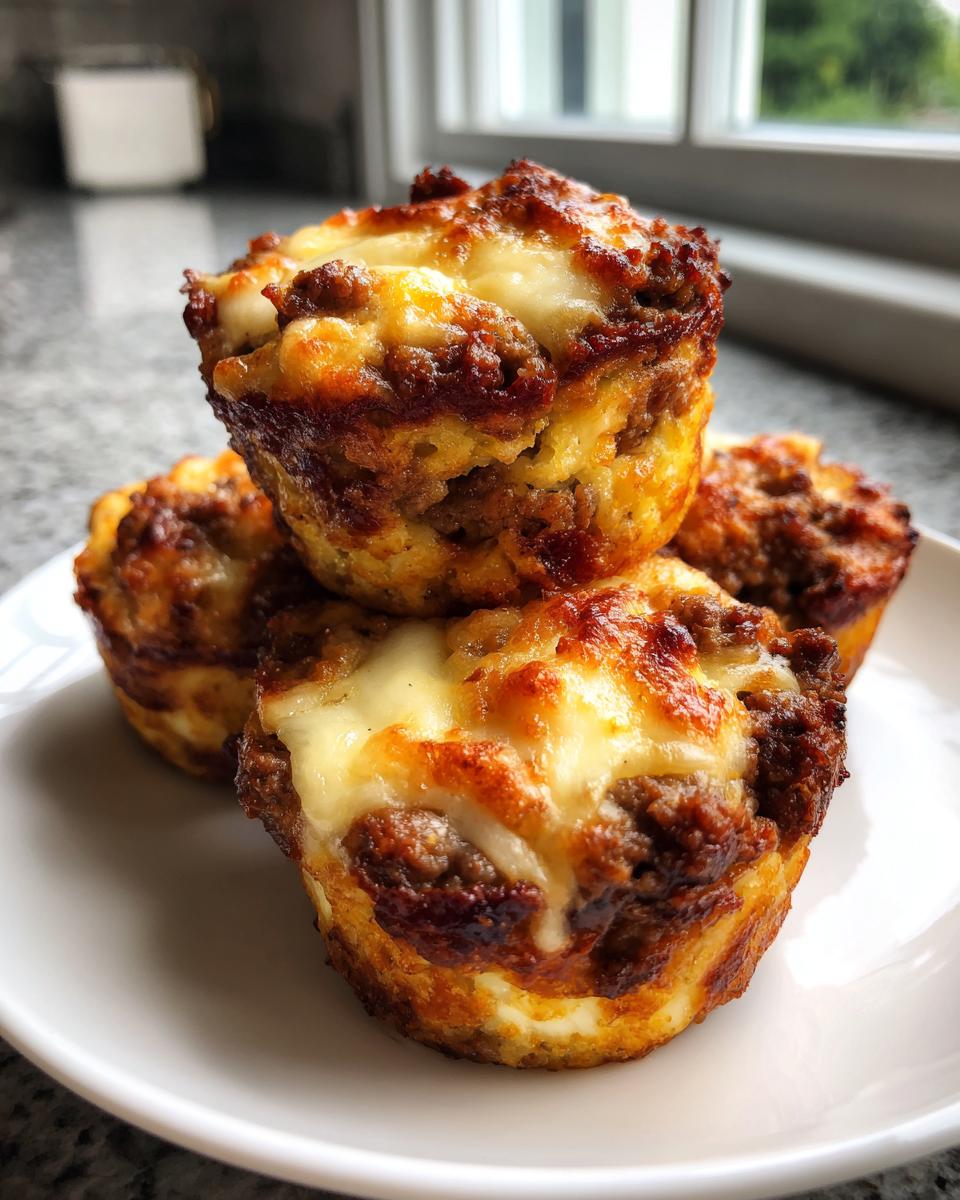 Four baked carnivore pizza muffins stacked on a white plate, featuring browned meat and melted cheese topping.