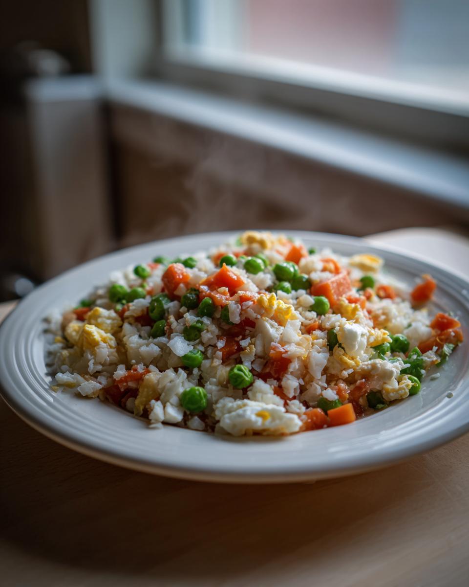 A close-up of a plate of hot cauliflower fried rice mixed with bright green peas and diced orange carrots.