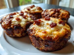 Four freshly baked carnivore pizza muffins topped with melted, browned cheese and bacon crumbles on a white plate.