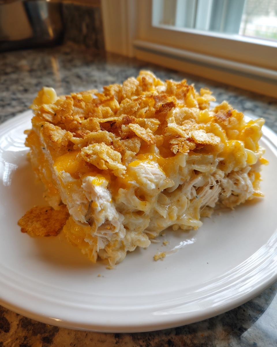A generous slice of cheesy chicken noodle casserole topped with melted cheddar and crushed cornflakes, served on a white plate.