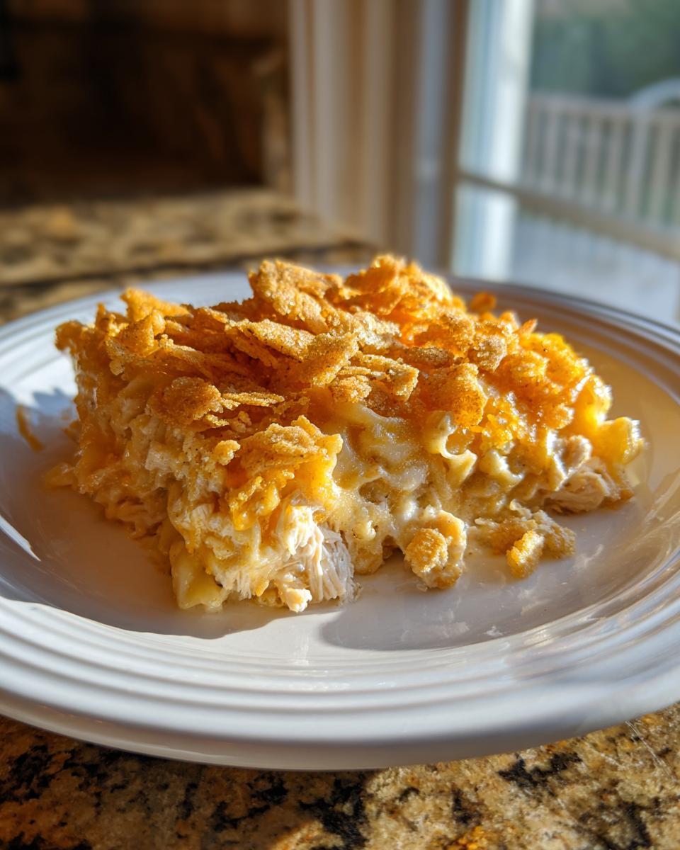 A square serving of cheesy chicken noodle casserole topped with golden, crunchy cornflakes, served on a white plate.