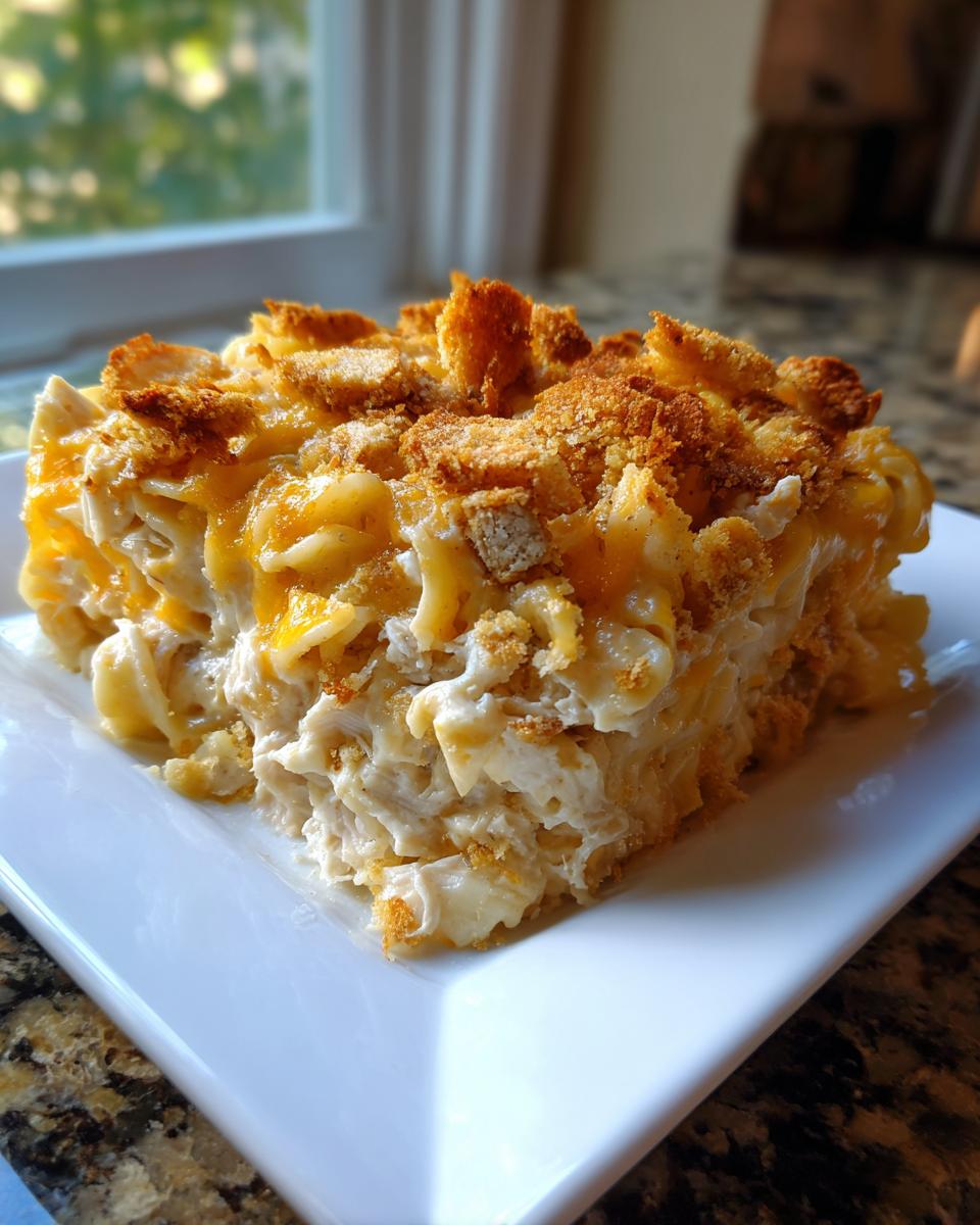 A square serving of cheesy chicken noodle casserole topped with melted cheddar and crunchy breadcrumbs.